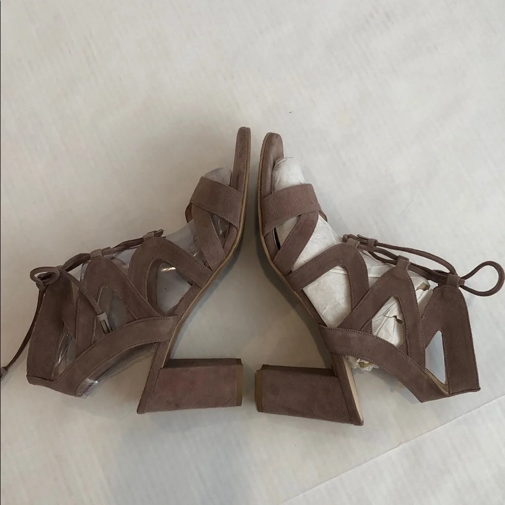 Brenda Zaro Taupe Suede Strappy Bloch Heel Sandals Size 9